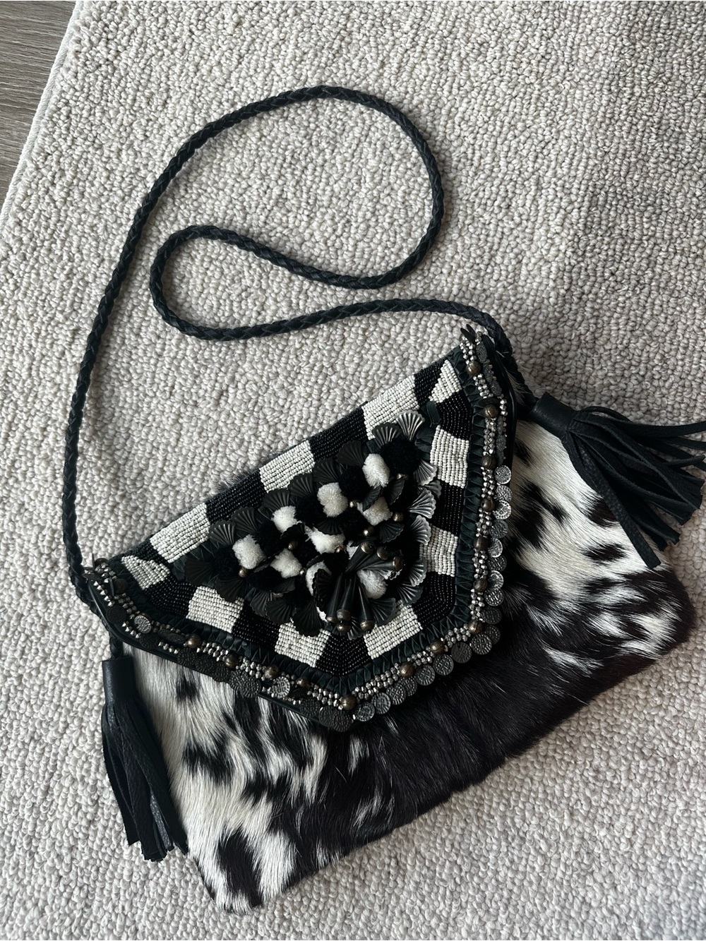 Ibban x Anthropologie Black & White Beaded Fringe Crossbody Bag